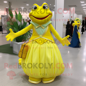 Lemon Yellow Frog mascot costume character dressed with a Evening Gown and Wallets