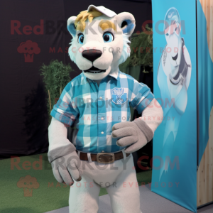 Cyan Smilodon mascot costume character dressed with a Flannel Shirt and Pocket squares