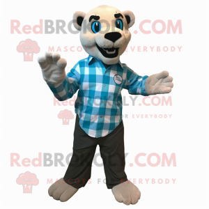 Cyan Smilodon mascot costume character dressed with a Flannel Shirt and Pocket squares