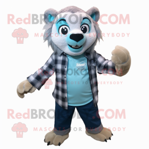 Cyan Smilodon mascot costume character dressed with a Flannel Shirt and Pocket squares