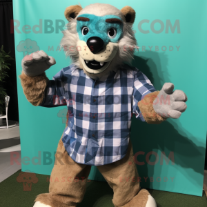 Cyan Smilodon mascot costume character dressed with a Flannel Shirt and Pocket squares