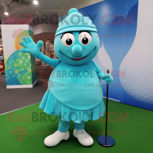 Turquoise Golf Ball mascot costume character dressed with a Wrap Skirt and Foot pads