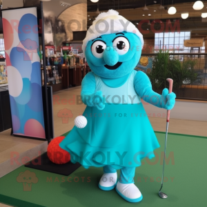 Turquoise Golf Ball mascot costume character dressed with a Wrap Skirt and Foot pads