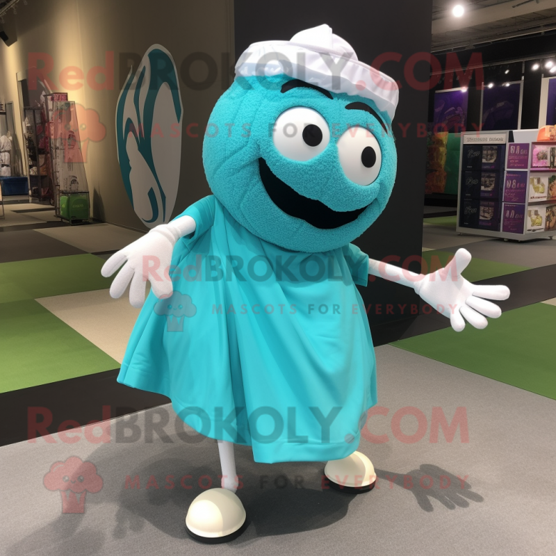 Turquoise Golf Ball mascot costume character dressed with a Wrap Skirt and Foot pads