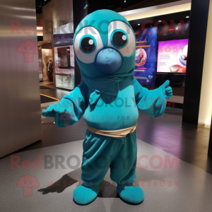 Teal Gyro mascot costume character dressed with a Jumpsuit and Shawl pins