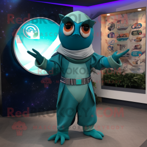 Teal Gyro mascot costume character dressed with a Jumpsuit and Shawl pins