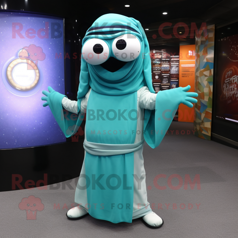 Teal Gyro mascot costume character dressed with a Jumpsuit and Shawl pins