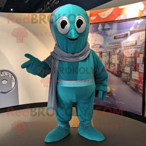 Teal Gyro mascot costume character dressed with a Jumpsuit and Shawl pins