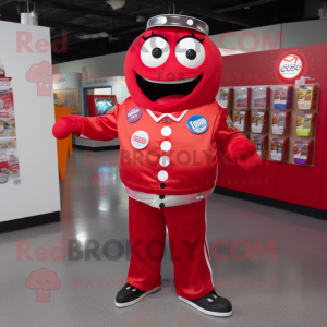 Red Soda Can mascot costume character dressed with a Button-Up Shirt and Lapel pins
