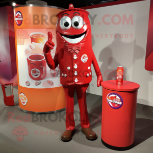 Red Soda Can mascot costume character dressed with a Button-Up Shirt and Lapel pins