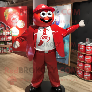 Red Soda Can mascot costume character dressed with a Button-Up Shirt and Lapel pins