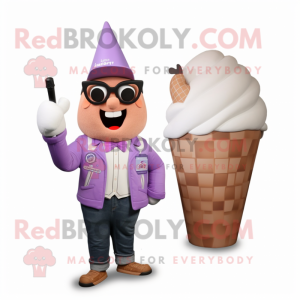 Lavender Ice Cream Cone mascot costume character dressed with a Leather Jacket and Wallets