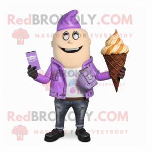 Lavender Ice Cream Cone mascot costume character dressed with a Leather Jacket and Wallets