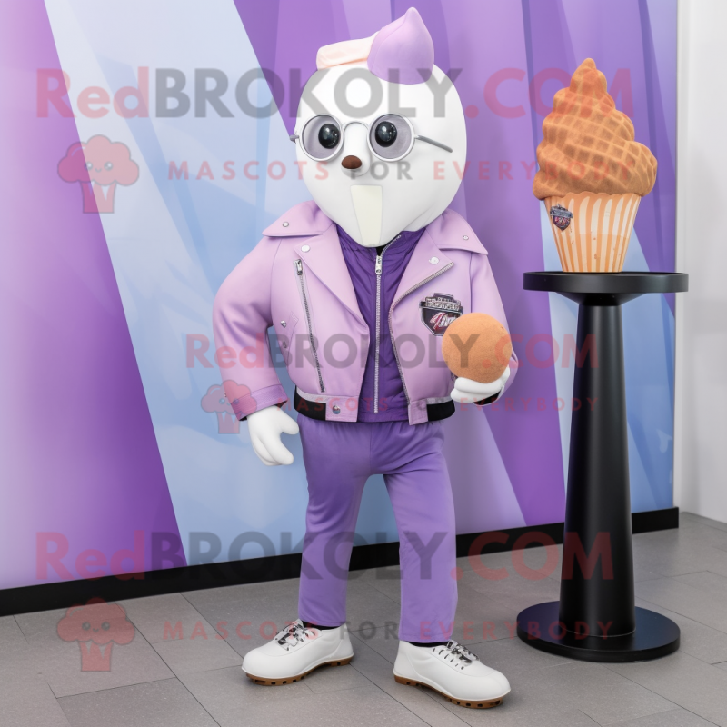 Lavender Ice Cream Cone mascot costume character dressed with a Leather Jacket and Wallets Lavender Ice Cream Cone mascot costume character dressed with a Leather Jacket and Wallets
