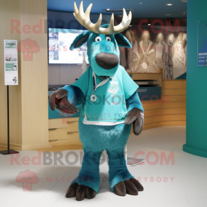 Cyan Irish Elk mascot costume character dressed with a Polo Tee and Shawl pins