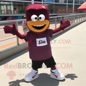 Maroon Skateboard mascot costume character dressed with a Button-Up Shirt and Shoe clips