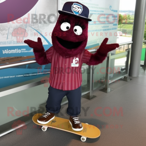 Maroon Skateboard mascot costume character dressed with a Button-Up Shirt and Shoe clips