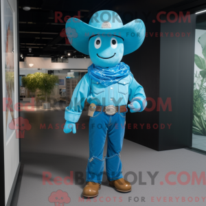 Cyan Cowboy mascot costume...