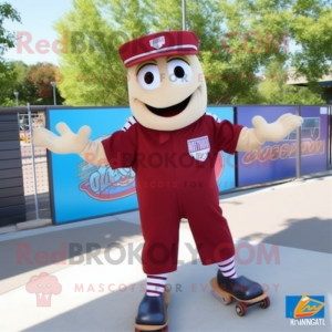 Maroon Skateboard mascot costume character dressed with a Button-Up Shirt and Shoe clips
