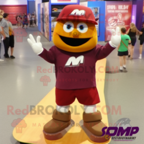 Maroon Skateboard mascot costume character dressed with a Button-Up Shirt and Shoe clips