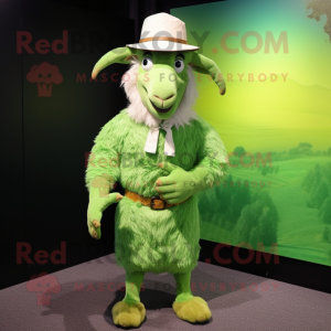 Lime Green Angora Goat mascot costume character dressed with a Dress Shirt and Hat pins