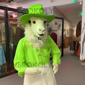 Lime Green Angora Goat mascot costume character dressed with a Dress Shirt and Hat pins