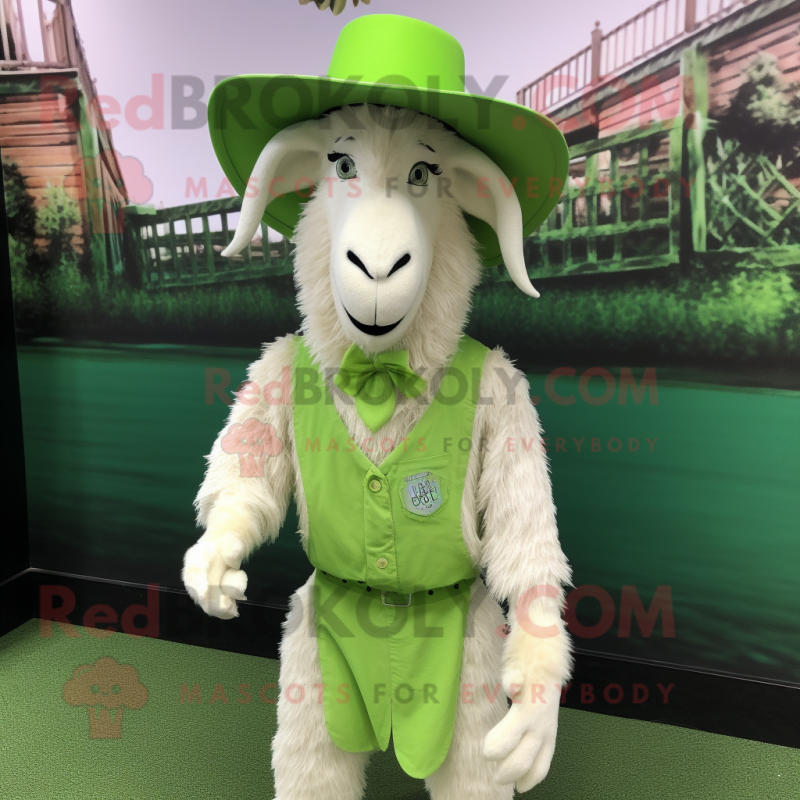 Lime Green Angora Goat mascot costume character dressed with a Dress Shirt and Hat pins