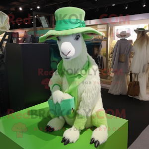 Lime Green Angora Goat mascot costume character dressed with a Dress Shirt and Hat pins