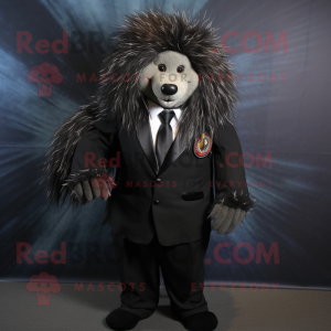 Black Porcupine mascot costume character dressed with a Suit Jacket and Brooches
