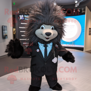 Black Porcupine mascot costume character dressed with a Suit Jacket and Brooches