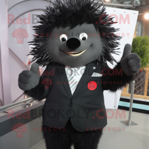 Black Porcupine mascot costume character dressed with a Suit Jacket and Brooches