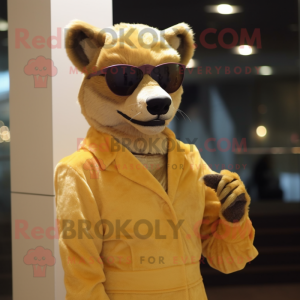 Gold Thylacosmilus mascot costume character dressed with a Shift Dress and Sunglasses