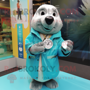 Teal Seal mascot costume character dressed with a Raincoat and Bracelet watches