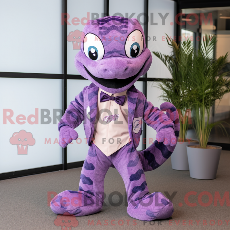 Fantasia de mascote de python roxo vestido com macacão e gravatas-borboleta - Mascotes Python - REBROKO_312744 - RedBrokoly.com