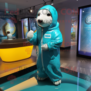 Teal Seal mascot costume character dressed with a Raincoat and Bracelet watches