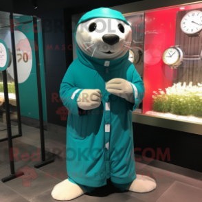 Teal Seal mascot costume character dressed with a Raincoat and Bracelet watches