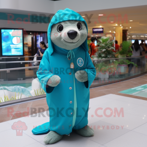 Teal Seal mascot costume character dressed with a Raincoat and Bracelet watches