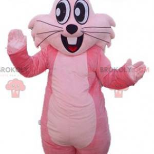 Mascota de conejo rosa gigante jovial y sonriente -