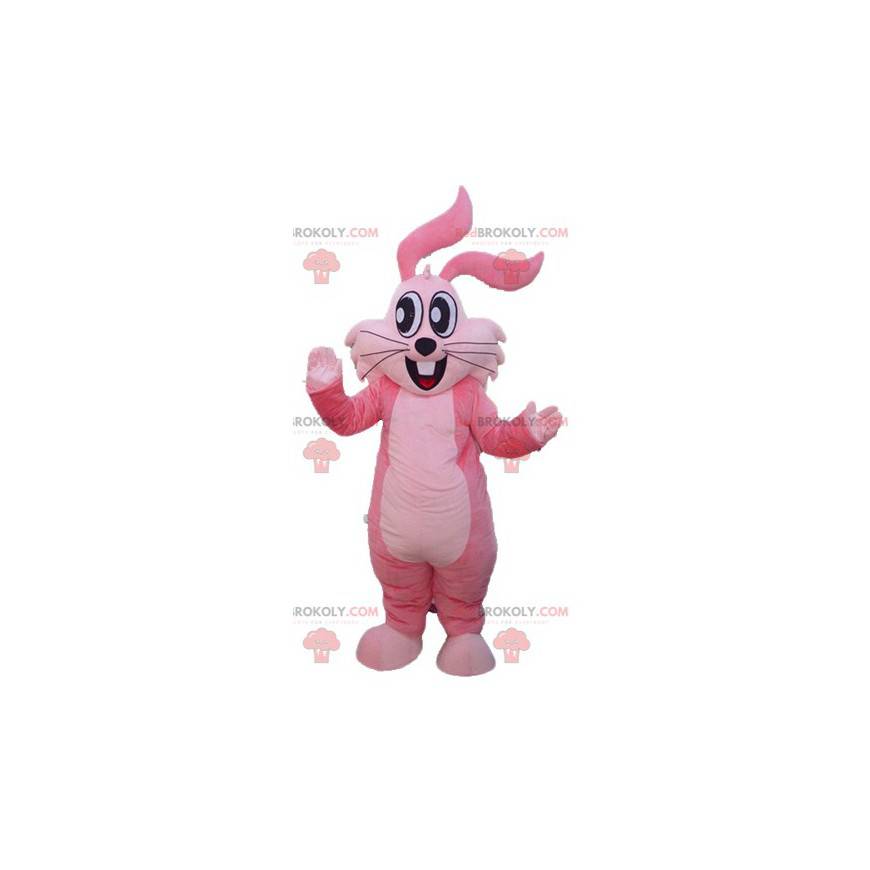 Mascota de conejo rosa gigante jovial y sonriente -