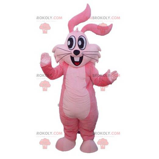 Jowialna i uśmiechnięta gigantyczna różowa maskotka królika -