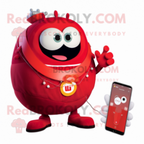 Red Phone mascot costume character dressed with a Tank Top and Rings
