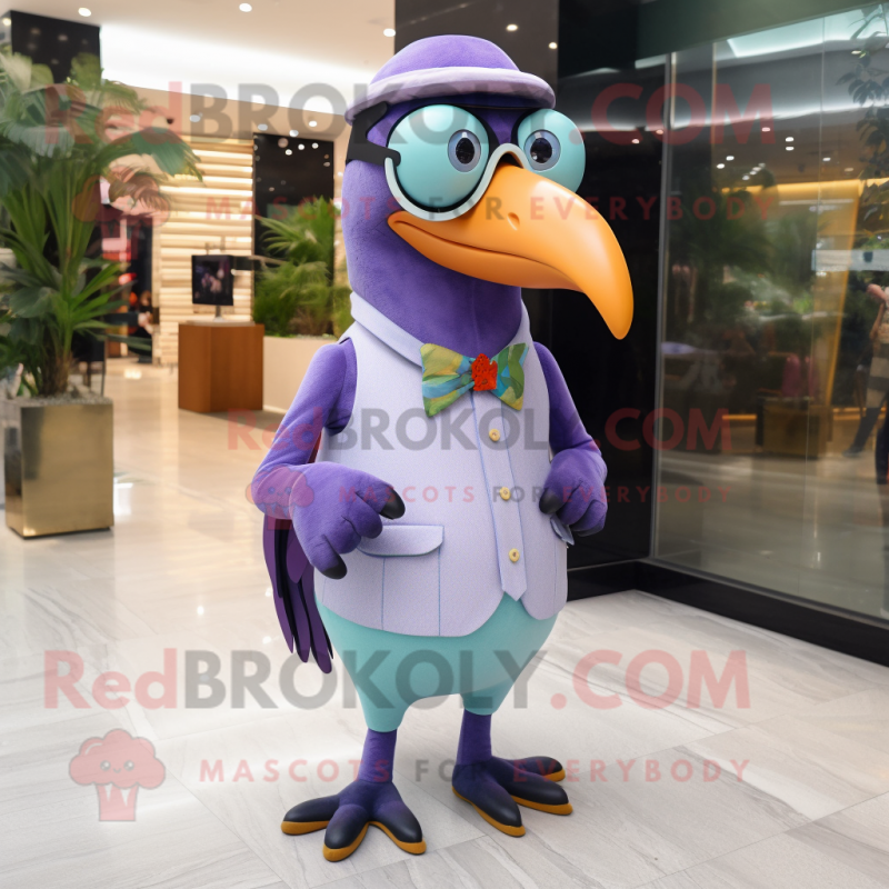 Lavender Toucan mascot costume character dressed with a T-Shirt and Eyeglasses