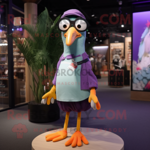 Lavender Toucan mascot costume character dressed with a T-Shirt and Eyeglasses