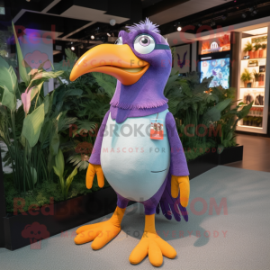 Lavender Toucan mascot costume character dressed with a T-Shirt and Eyeglasses