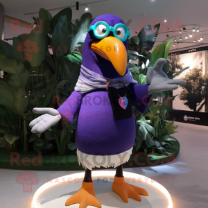 Lavender Toucan mascot costume character dressed with a T-Shirt and Eyeglasses