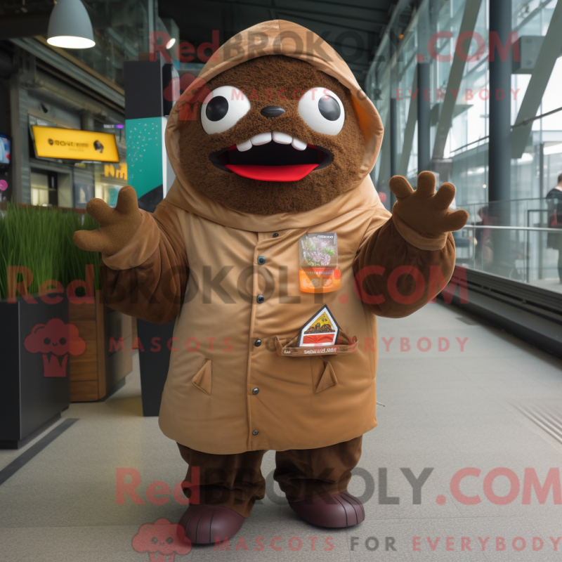 Fantasia de mascote de Ceviche marrom com parca e broches - Mascotes de ceviche - REBROKO_312901 - RedBrokoly.com