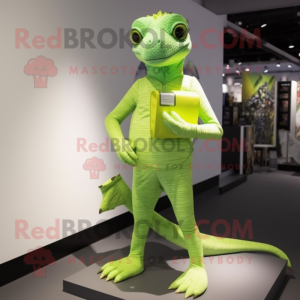 Lime Green Lizard mascot costume character dressed with a Leggings and Clutch bags