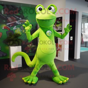 Lime Green Lizard mascot costume character dressed with a Leggings and Clutch bags