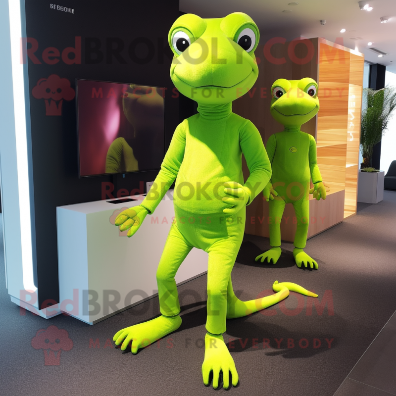 Lime Green Lizard mascot costume character dressed with a Leggings and Clutch bags Lime Green Lizard mascot costume character dressed with a Leggings and Clutch bags