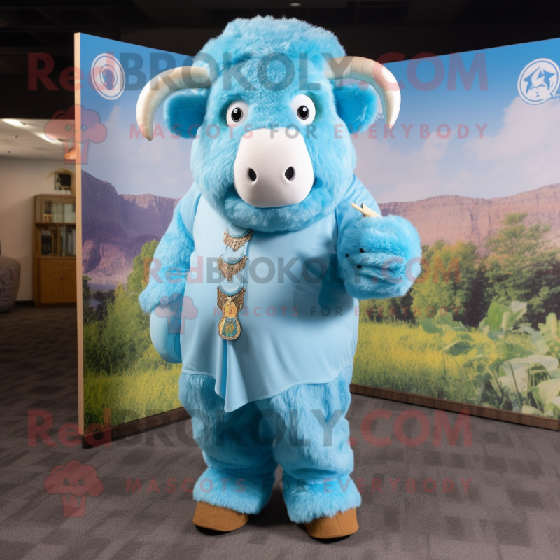 Sky Blue Buffalo mascot costume character dressed with a Shift Dress and Wraps Sky Blue Buffalo mascot costume character dressed with a Shift Dress and Wraps
